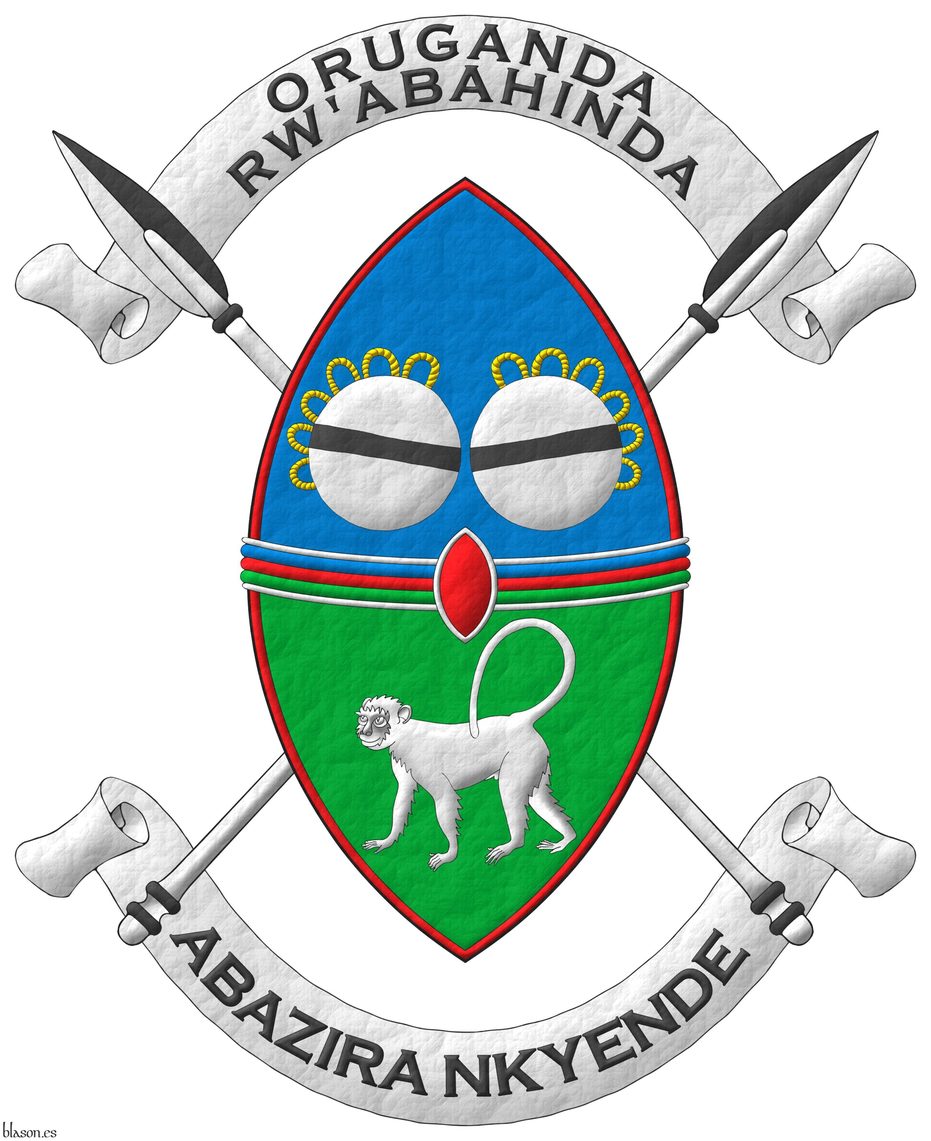 Party per fess, fimbriated Gules: 1<sup>st</sup> Azure, two royal drums in fess Argent, stringed Or, each charged with a bar Sable; 2<sup>nd</sup> Vert, a monkey statant Argent; overall a fess tierced per fess Azure, Gules, and Vert, fimbriated Argent; overall an inescutcheon Gules, fimbriated Argent. Supporters: Two royal spears in saltire, the dexter per pale Argent and Sable, the sinister per pale Sable and Argent, both shafted Argent. Motto above the crest: �Oruganda Rw'Abahinda� in letters Sable over a scroll Argent. Motto: �Abazira Nkyende� in letters Sable upon a scroll Argent.