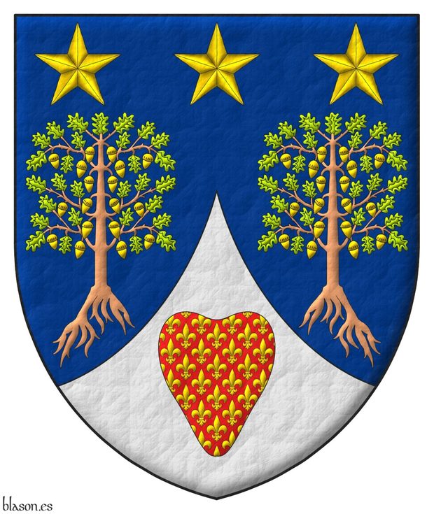 Azure, two oak trees eradicated proper, leaved Vert, fructed Or, in chief three mullets Or; ent en point Argent, a heart Gules sem of fleurs de lis Or.