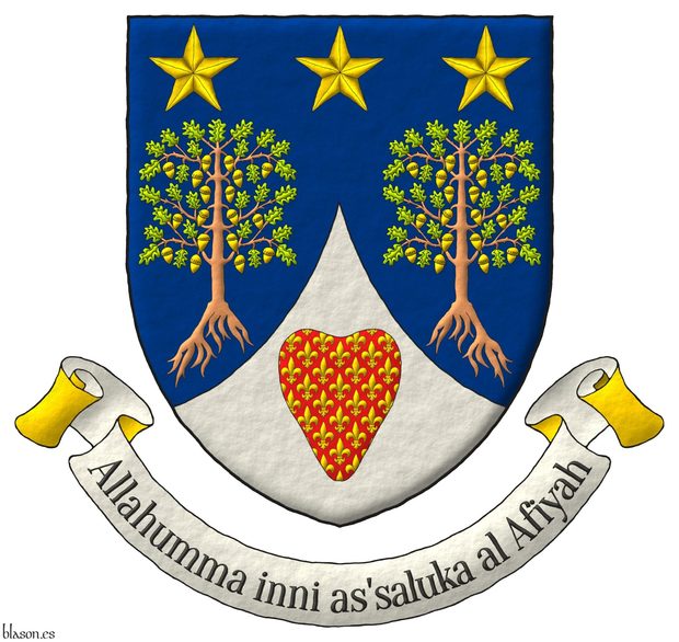 Escudo de azur, dos robles arrancados al natural, hojados de sinople, frutados de oro, en jefe, tres estrellas de cinco puntas de oro; entado en punta de plata, un corazn de gules sembrado de flores de lis de oro. Lema: Allahumma inni as'saluka al Afiyah de sable sobre una filacteria de plata doblada de oro.