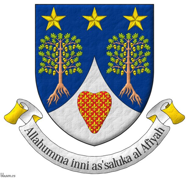 Azure, two oak trees eradicated proper, leaved Vert, fructed Or, in chief three mullets Or; ent en point Argent, a heart Gules sem of fleurs de lis Or. Motto: Allahumma inni as'saluka al Afiyah Sable over a scroll Argent doubled Or.