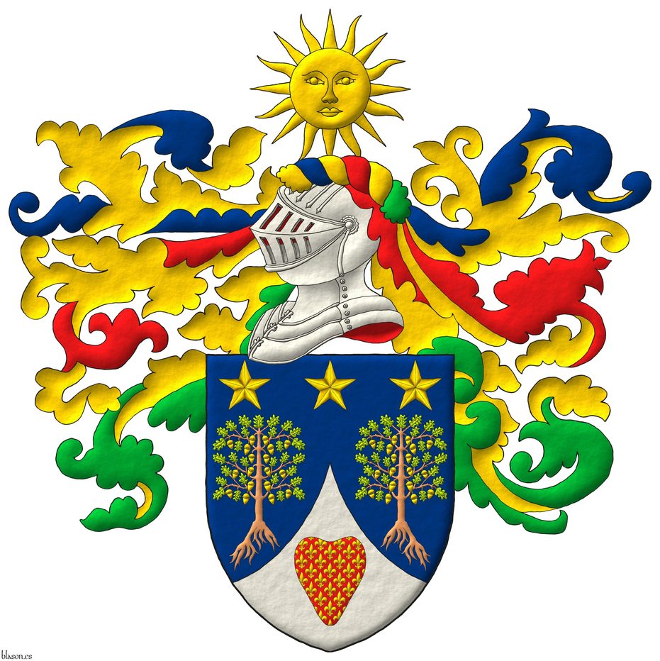 Escudo de azur, dos robles arrancados al natural, hojados de sinople, frutados de oro, en jefe, tres estrellas de cinco puntas de oro; entado en punta de plata, un corazn de gules sembrado de flores de lis de oro. Timbrado de un yelmo, adornado de dos lambrequines de azur, gules y sinople doblados de oro, un burelete de oro, azur, gules y sinople, cimado de un sol de oro.