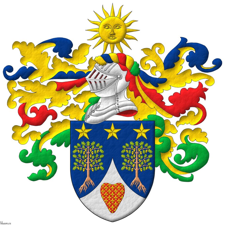 Azure, two oak trees eradicated proper, leaved Vert, fructed Or, in chief three mullets Or; ent en point Argent, a heart Gules sem of fleurs de lis Or. Crest: Upon a helm, with a wreath Or, Azure, Gules, and Vert, a sun in splendour Or. Mantling: Azure, Gules, and Vert doubled Or.