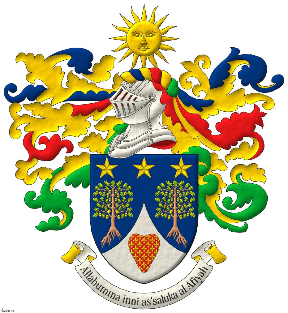 Escudo de azur, dos robles arrancados al natural, hojados de sinople, frutados de oro, en jefe, tres estrellas de cinco puntas de oro; entado en punta de plata, un corazn de gules sembrado de flores de lis de oro. Timbrado de un yelmo, adornado de dos lambrequines de azur, gules y sinople doblados de oro, un burelete de oro, azur, gules y sinople, cimado de un sol de oro. Lema: Allahumma inni as'saluka al Afiyah de sable sobre una filacteria de plata doblada de oro.