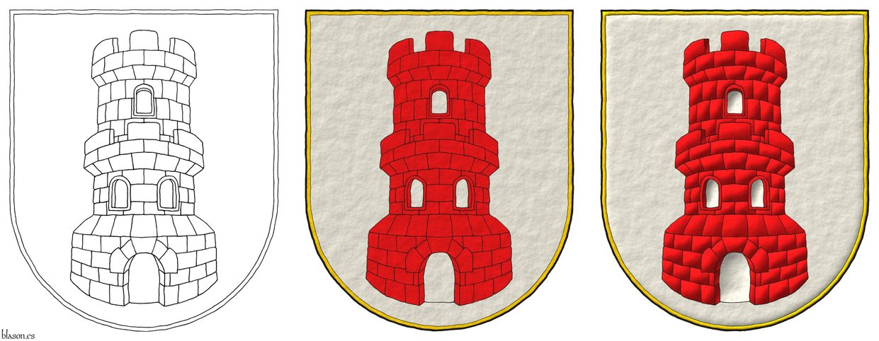 Escudo de plata, una torre donjonada de gules, aclarada de plata.