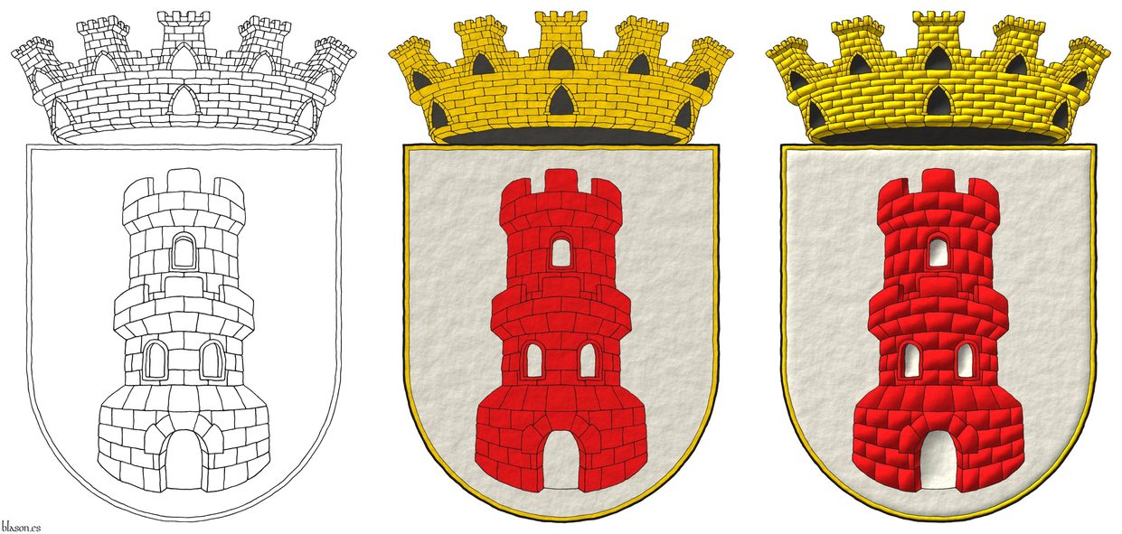 Argent, a tower with a turret Gules, port and windows Argent. Crest: A mural crown Or.