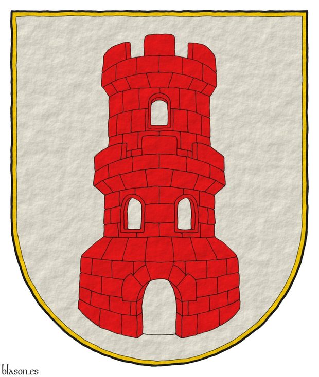 Argent, a tower with a turret Gules, port and windows Argent.