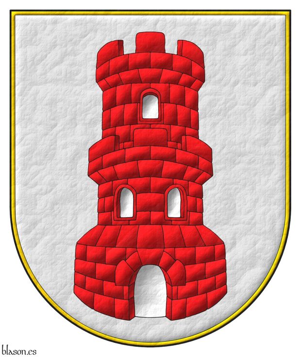 Argent, a tower with a turret Gules, port and windows Argent.
