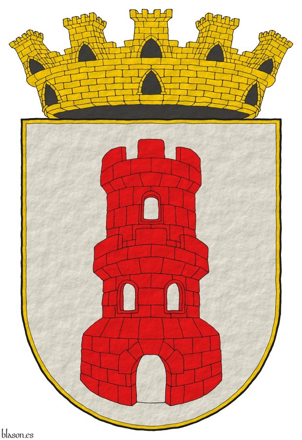 Argent, a tower with a turret Gules, port and windows Argent. Crest: A mural crown Or.