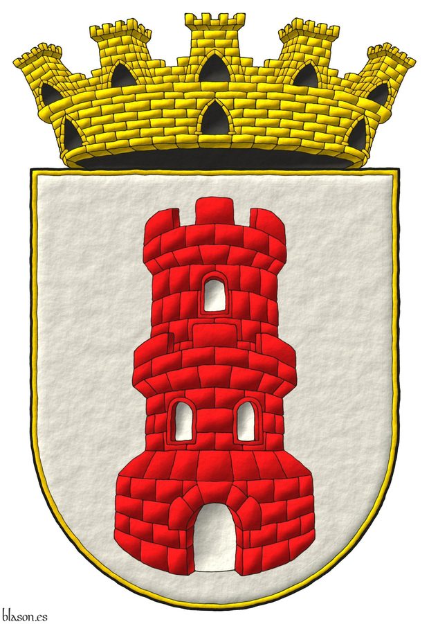 Escudo de plata, una torre donjonada de gules, aclarada de plata. Timbrado de una corona mural de oro.