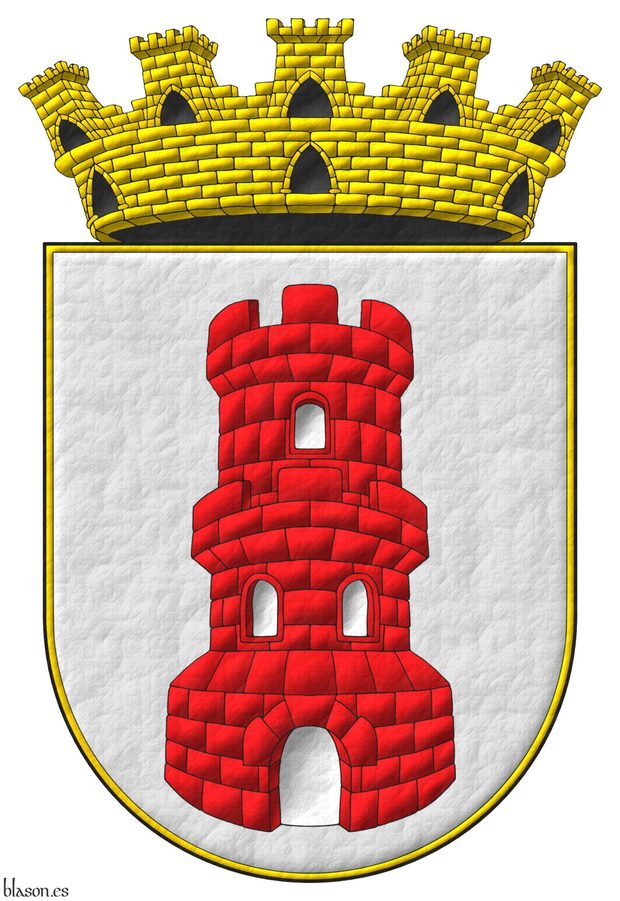 Argent, a tower with a turret Gules, port and windows Argent. Crest: A mural crown Or.
