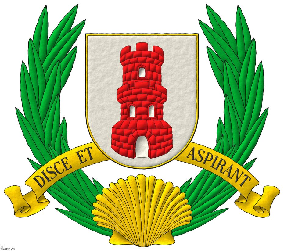 Escudo de plata, una torre donjonada de gules, aclarada de plata. Sostenido por dos palmas de sinople nacientes de una venera ranversada de oro. Lema: �Disce et Aspirant� de sable sobre una filacteria de oro.
