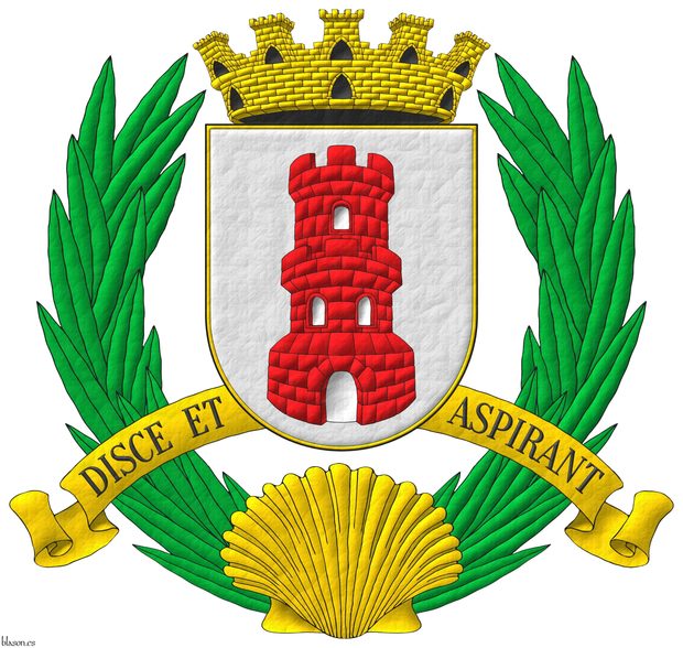 Argent, a tower with a turret Gules, port and windows Argent. Crest: A mural crown Or. Supporters: Two palm fronds Vert issuant from an escallop reversed Or. Motto: �Disce et Aspirant� Sable over a scroll Or.