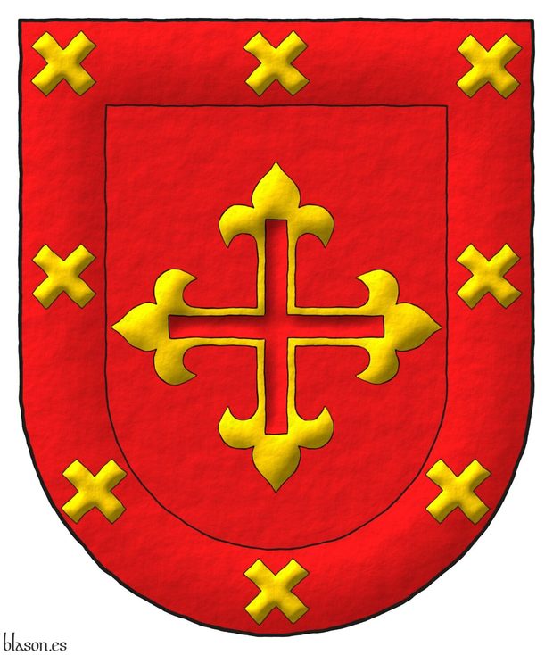 Gules, a cross flory voided Or; within a bordure Gules with eight saltires couped Or.