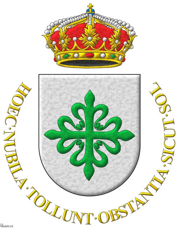 Escudo de plata, una cruz de Alcntara. Timbrado de una corona real cerrada. Lema: Hoec nubila tollunt obstantia sicut sol.