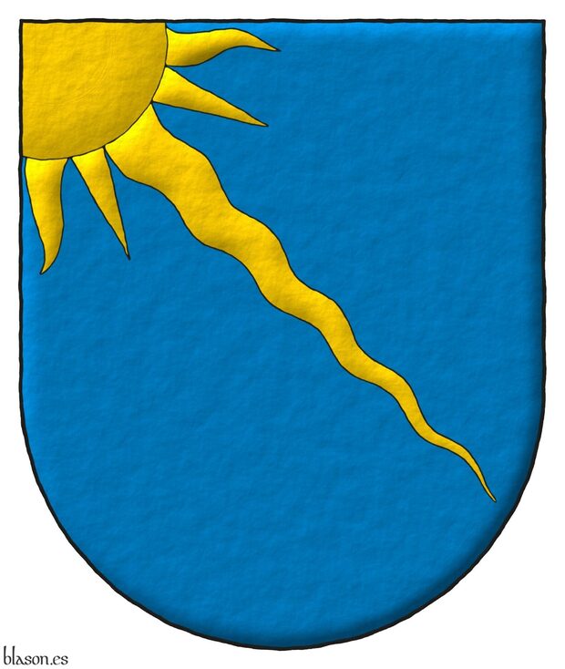 Escudo de azur, un rayo de sol puesto en banda, naciente de la diestra del jefe de oro.