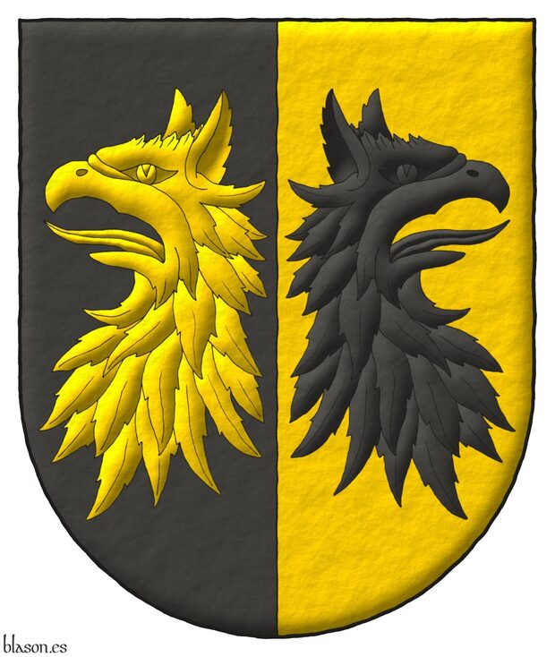 Party per pale Sable and Or, two griffins' heads eraticted, and addorsed counterchanged.