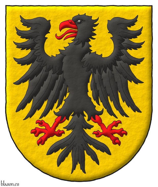 Or, a eagle displayed Sable, beaked, langued, armed and membered Gules.