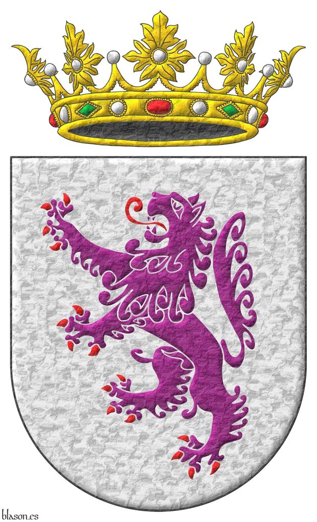 Escudo de plata, un león rampante de púrpura, armado y lampasado de gules. Timbrado de una corona real abierta.