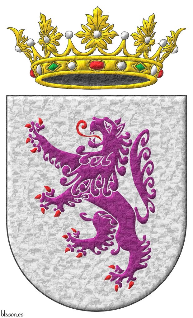 Argent, a lion rampant Purpure, armed and langued Gules. Crest: An open royal crown Or.