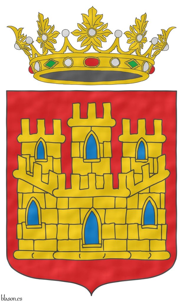 Escudo de gules, un castillo de oro, aclarado de azur, mazonado de sable. Timbrado de una corona real abierta.
