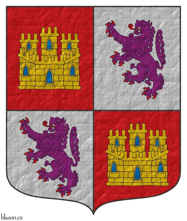 Escudo cuartelado: 1o y 4o de gules, un castillo de oro, aclarado de azur, mazonado de sable; 2o y 3o de plata, un len rampante de prpura, armado y lampasado de gules.