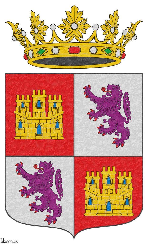 Escudo cuartelado: 1o y 4o de gules, un castillo de oro, aclarado de azur, mazonado de sable; 2o y 3o de plata, un len rampante de prpura, armado y lampasado de gules. Timbrado de una corona real abierta.