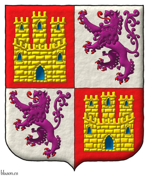 Quarterly: 1 and 4 Gules, a castle triple-towered Or, port and windows Azure, and masoned Sable; 2 and 3 Argent, a lion rampant Purpure, armed and langued Gules.
