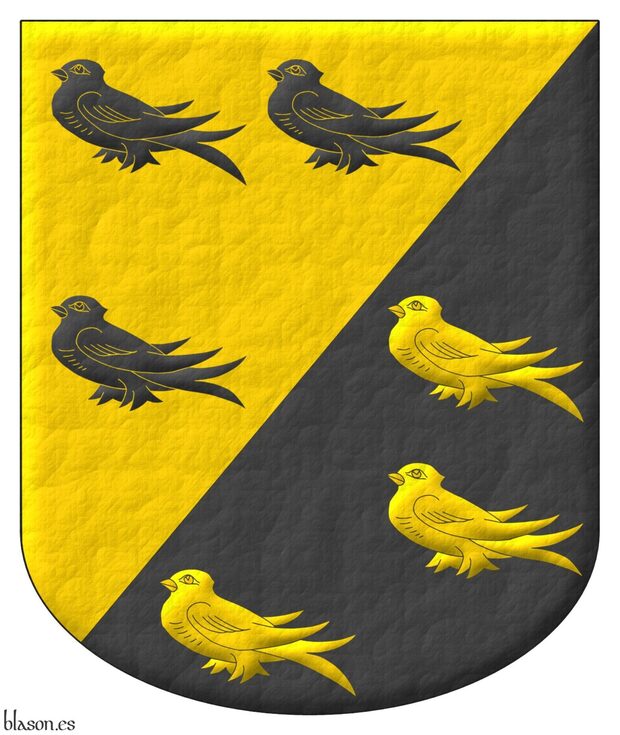 Escudo tajado: 1o de oro, tres marletas de sable; 2o de sable, tres marletas de oro.