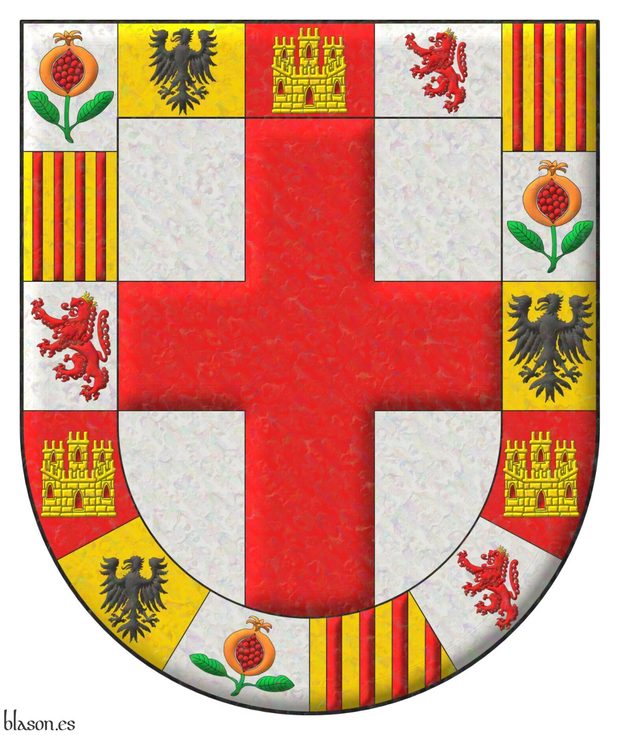 Argent, a cross Gules; a bordure compony of fifteen sections: 1, 6, and 11 Argent, a pomegranate seeded, slipped and leaved proper; 2, 7, and 12 Or, an eagle displayed Sable; 3, 8, and 13 Gules, a castle triple-towered Or, port and windows Gules, masoned Sable; 4, 9, and 14 Argent, a lion rampant Gules, crowned Or; 5, 10, and 15 Or, four pallets Gules.