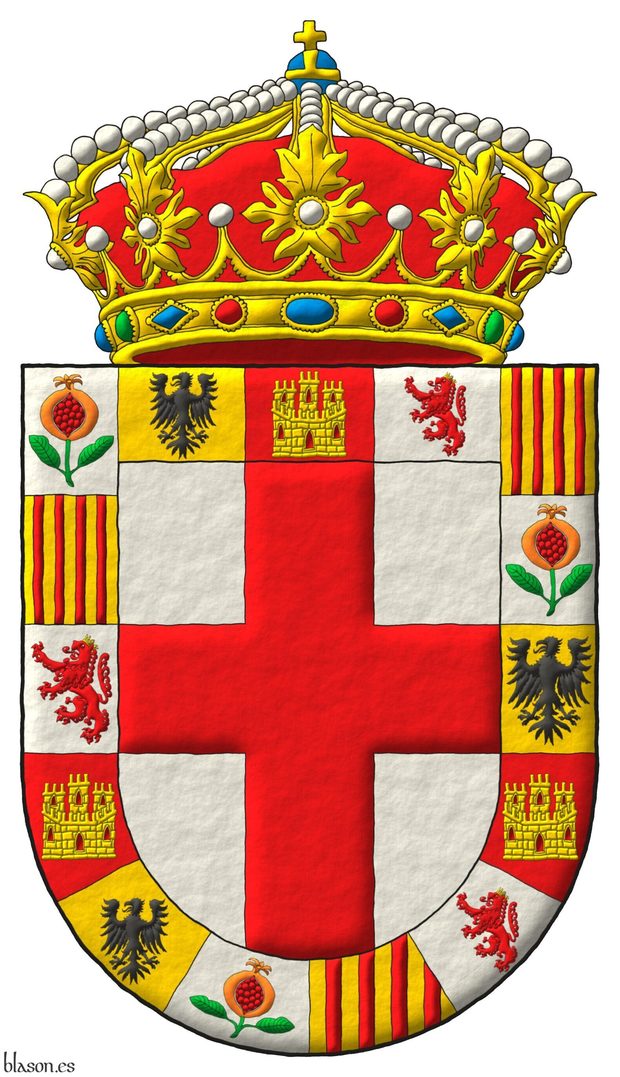 Escudo de plata, una cruz de gules; una bordura componada de quince compones: 1o, 6o y 11o de plata, una granada al natural, tajada de gules, tallada y hojada de sinople; 2o, 7o y 12o de oro, un guila de sable; 3o, 8o y 13o de gules, un castillo de oro, aclarado de gules, mazonado de sable; 4o, 9o y 14o de plata, un len rampante de gules, coronado de oro; 5o, 10o y 15o de oro, cuatro palos de gules. Timbrado de una corona real cerrada.