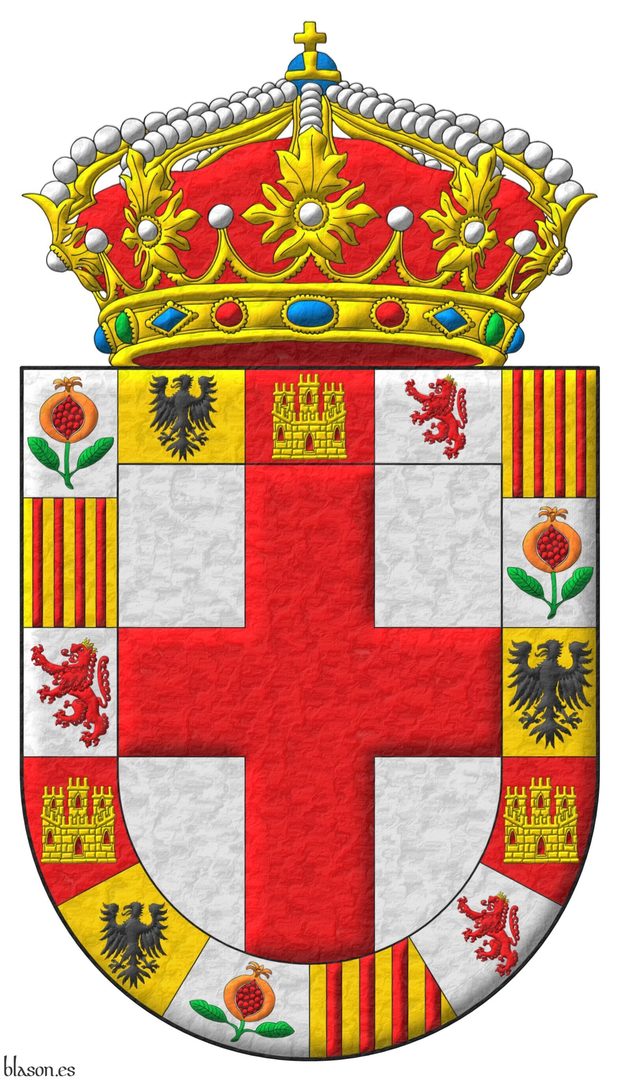 Argent, a cross Gules; a bordure compony of fifteen sections: 1, 6, and 11 Argent, a pomegranate seeded, slipped and leaved proper; 2, 7, and 12 Or, an eagle displayed Sable; 3, 8, and 13 Gules, a castle triple-towered Or, port and windows Gules, masoned Sable; 4, 9, and 14 Argent, a lion rampant Gules, crowned Or; 5, 10, and 15 Or, four pallets Gules. Crest: A closed royal crown.
