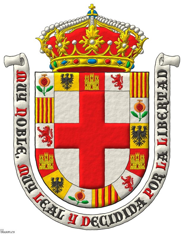 Escudo de plata, una cruz de gules; una bordura componada de quince compones: 1o, 6o y 11o de plata, una granada al natural, tajada de gules, tallada y hojada de sinople; 2o, 7o y 12o de oro, un guila de sable; 3o, 8o y 13o de gules, un castillo de oro, aclarado de gules, mazonado de sable; 4o, 9o y 14o de plata, un len rampante de gules, coronado de oro; 5o, 10o y 15o de oro, cuatro palos de gules. Timbrado de una corona real cerrada. Lema: Muy noble, muy leal y decidida por la libertad de sable, con letras iniciales de gules, sobre una filacteria de plata.
