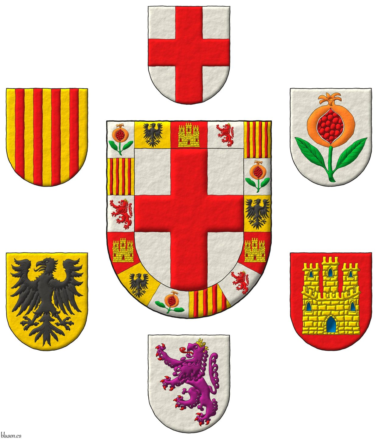 Escudo de plata, una cruz de gules [de Gnova]; una bordura componada de quince compones: 1o, 6o y 11o de plata, una granada al natural, tajada de gules, tallada y hojada de sinople [de Granada]; 2o, 7o y 12o de oro, un guila de sable [de Navarra]; 3o, 8o y 13o de gules, un castillo de oro, aclarado de gules, mazonado de sable [de Castilla]; 4o, 9o y 14o de plata, un len rampante de prpura, armado y lampasado de gules, coronado de oro [de Len]; 5o, 10o y 15o de oro, cuatro palos de gules [de Aragn].