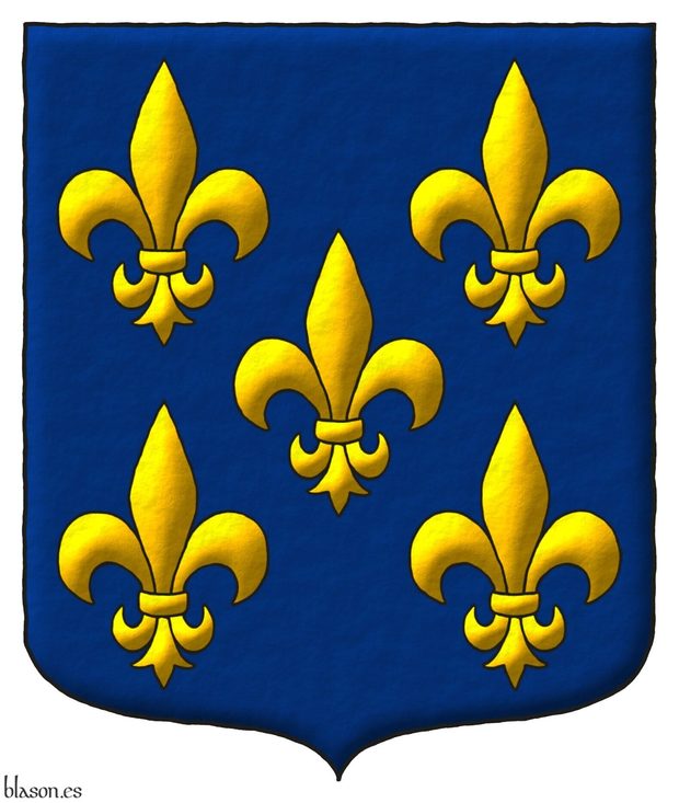Azure, five fleurs de lis Or.