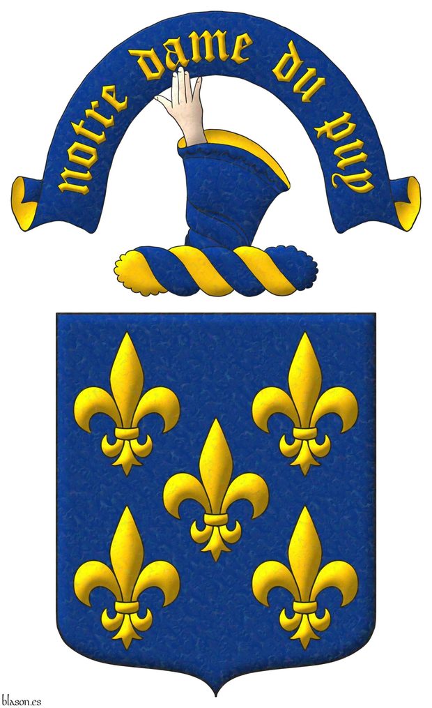 Escudo de azur, cinco flores de lis de oro. Timbrado de un burelete de oro y azur cimado de un brazo de carnaci�n, vestido de azur, teniendo una filacteria de azur doblada de oro, inscrita del grito �Notre Dame du Puy� de oro.