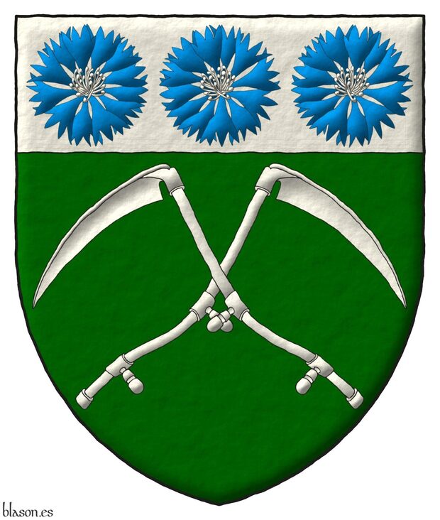 Escudo de sinople, dos guadaas de plata en sotuer; el jefe de plata, tres flores de aciano de azur, botonadas de plata.