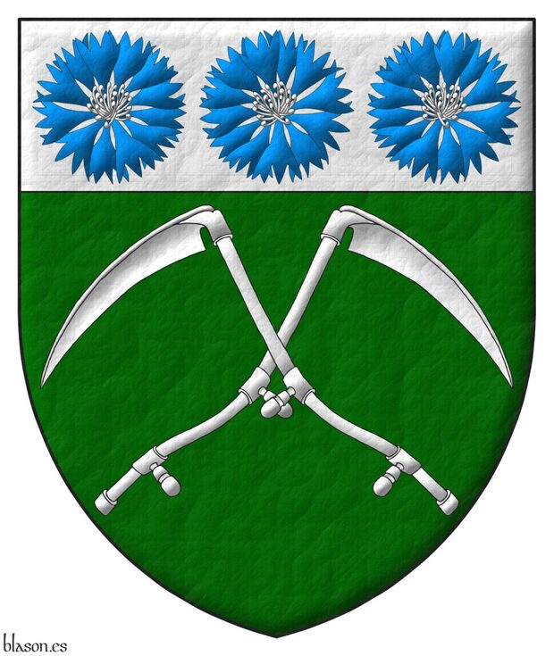 Vert, two scythes in saltire Argent; on a chief Argent, three cornflowers Azure, seeded Argent.