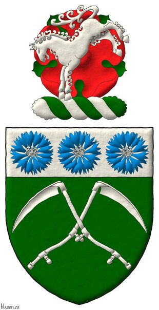 Escudo de sinople, dos guadaas de plata en sotuer; el jefe de plata, tres flores de aciano de azur, botonadas de plata. Timbrado de un burelete de plata y sinople cimado de una rosa de gules, hojada de sinople, resaltada de un caballo coceando de plata.