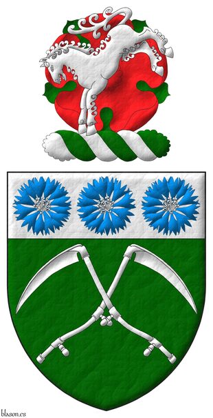 Vert, two scythes in saltire Argent; on a chief Argent, three cornflowers Azure, seeded Argent. Crest: Upon a wreath Argent and Vert, a horse kicking Argent in front of a rose Gules, barbed Vert.