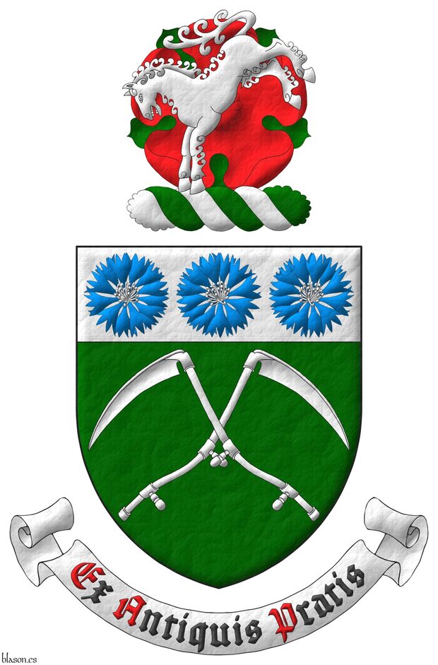 Vert, two scythes in saltire Argent; on a chief Argent, three cornflowers Azure, seeded Argent. Crest: Upon a wreath Argent and Vert, a horse kicking Argent in front of a rose Gules, barbed Vert. Motto: Ex antiquis pratis.