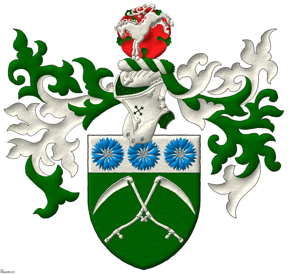 Escudo de sinople, dos guadaas de plata en sotuer; el jefe de plata, tres flores de aciano de azur, botonadas de plata. Timbrado de un yelmo, adornado de dos lambrequines de sinople doblados de plata, un burelete de plata y sinople cimado de una rosa de gules, hojada de sinople, resaltada de un caballo coceando de plata.