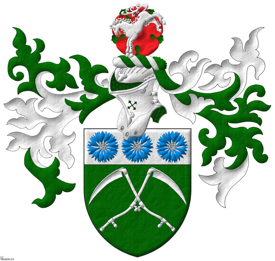 Vert, two scythes in saltire Argent; on a chief Argent, three cornflowers Azure, seeded Argent. Crest: Upon a helm, with a wreath Argent and Vert, a horse kicking Argent in front of a rose Gules, barbed Vert. Mantling: Vert doubled Argent.