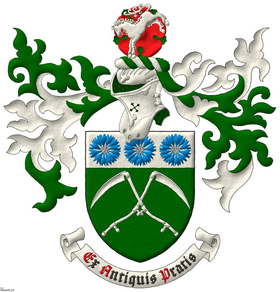 Escudo de sinople, dos guadaas de plata en sotuer; el jefe de plata, tres flores de aciano de azur, botonadas de plata. Timbrado de un yelmo, adornado de dos lambrequines de sinople doblados de plata, un burelete de plata y sinople cimado de una rosa de gules, hojada de sinople, resaltada de un caballo coceando de plata. Lema: Ex antiquis pratis.