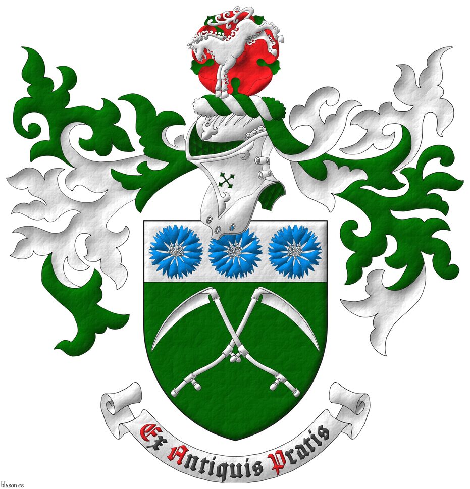 Vert, two scythes in saltire Argent; on a chief Argent, three cornflowers Azure, seeded Argent. Crest: Upon a helm, with a wreath Argent and Vert, a horse kicking Argent in front of a rose Gules, barbed Vert. Mantling: Vert doubled Argent. Motto: Ex antiquis pratis.