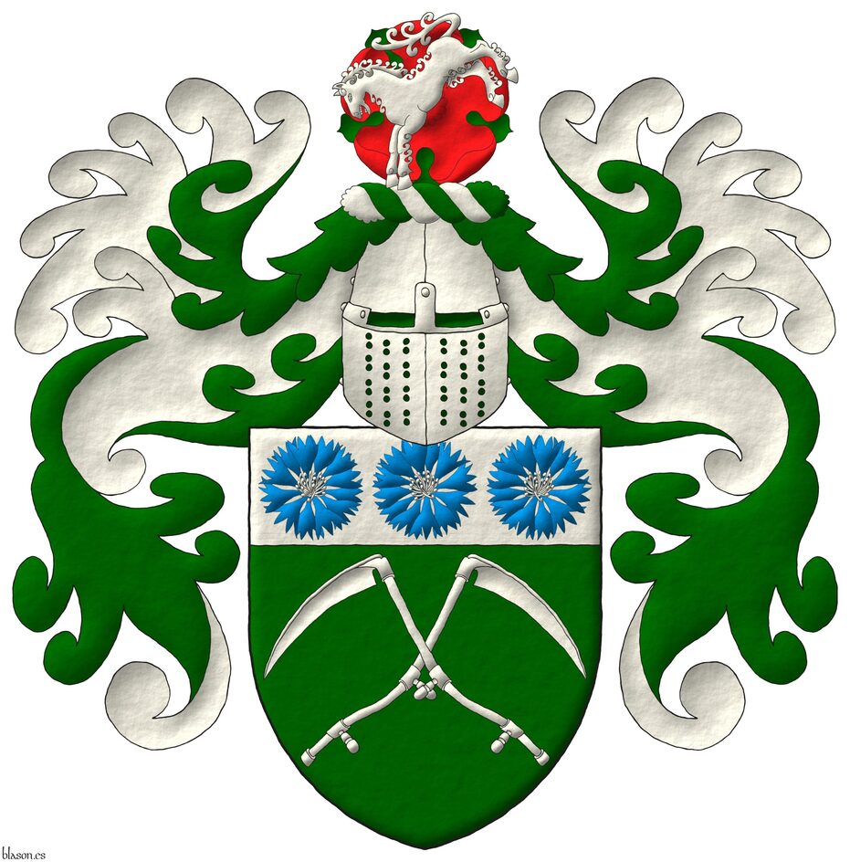 Escudo de sinople, dos guadaas de plata en sotuer; el jefe de plata, tres flores de aciano de azur, botonadas de plata. Timbrado de un yelmo de frente, adornado de dos lambrequines de sinople doblados de plata, un burelete de plata y sinople, cimado de una rosa de gules, hojada de sinople, resaltada de un caballo coceando de plata.