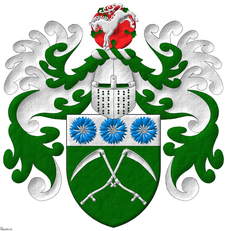 Vert, two scythes in saltire Argent; on a chief Argent, three cornflowers Azure, seeded Argent. Crest: Upon a helm affronty, with a wreath Argent and Vert, a horse kicking Argent in front of a rose Gules, barbed Vert. Mantling: Vert doubled Argent.