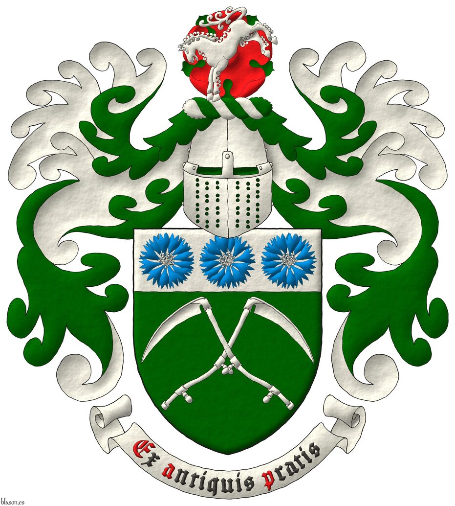 Escudo de sinople, dos guadaas de plata en sotuer; el jefe de plata, tres flores de aciano de azur, botonadas de plata. Timbrado de un yelmo de frente, adornado de dos lambrequines de sinople doblados de plata, un burelete de plata y sinople, cimado de una rosa de gules, hojada de sinople, resaltada de un caballo coceando de plata. Lema: Ex antiquis pratis.
