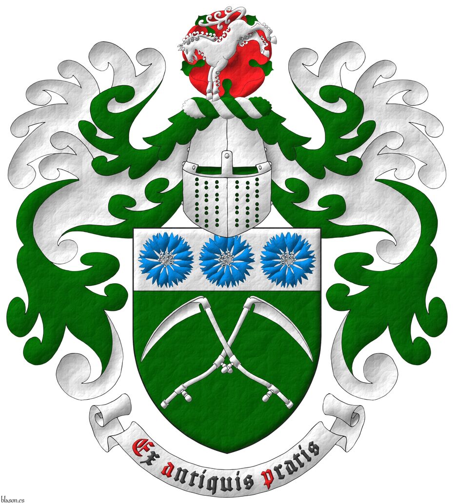 Vert, two scythes in saltire Argent; on a chief Argent, three cornflowers Azure, seeded Argent. Crest: Upon a helm affronty, with a wreath Argent and Vert, a horse kicking Argent in front of a rose Gules, barbed Vert. Mantling: Vert doubled Argent. Motto: Ex antiquis pratis.