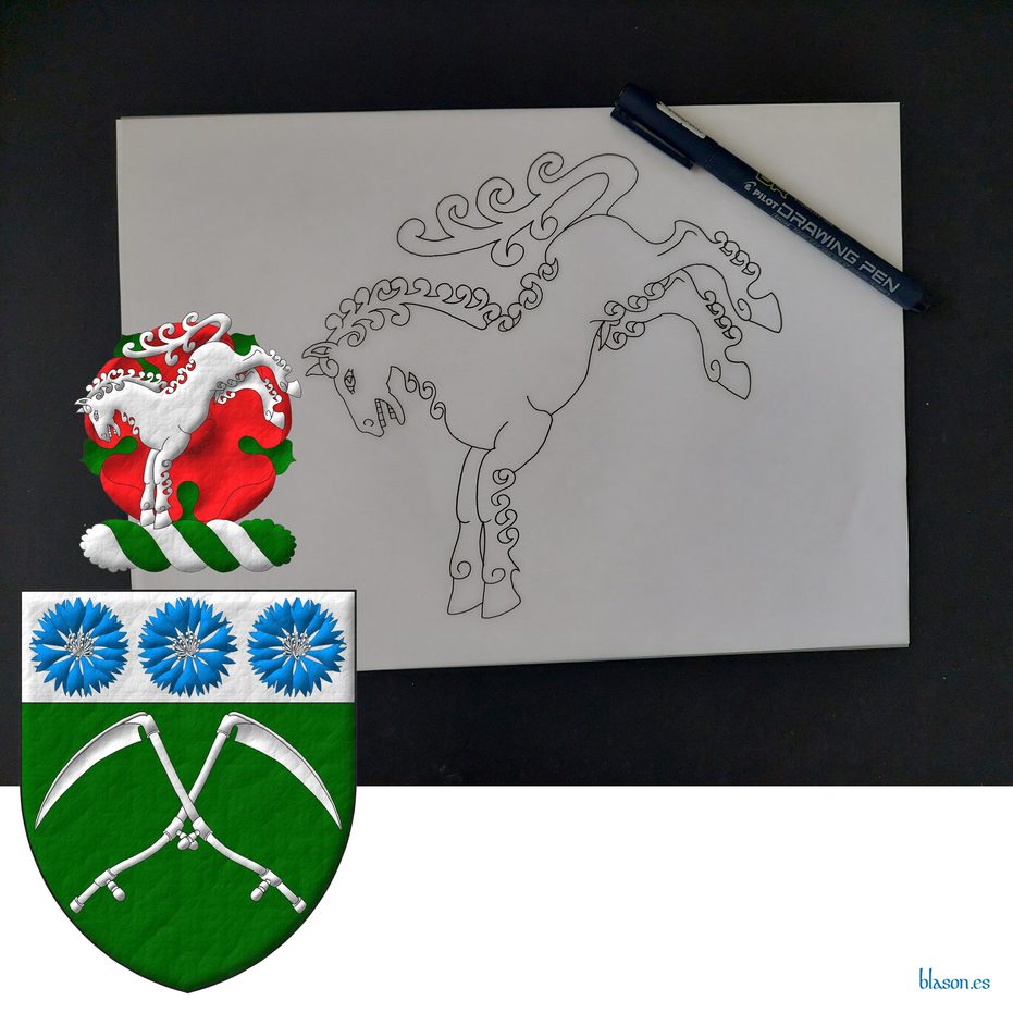 Vert, two scythes in saltire Argent; on a chief Argent, three cornflowers Azure, seeded Argent. Crest: Upon a wreath Argent and Vert, a horse kicking Argent in front of a rose Gules, barbed Vert.