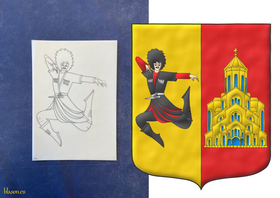 Escudo partido: 1o de oro, un bailar�n georgiano al natural; 2o de gules, una iglesia de oro, aclarada de azur.
